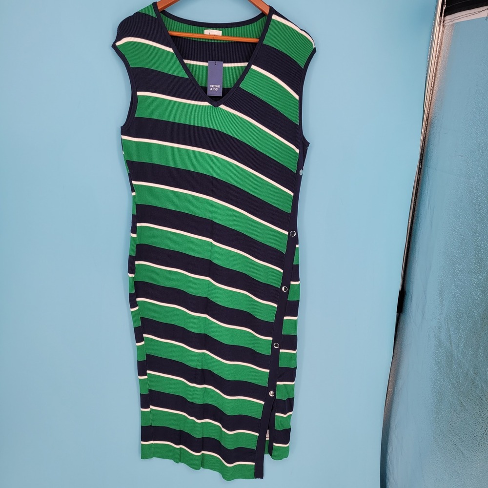 Crown & Ivy Midi Dress Womens XL Preppy Striped nautical resort beach fitted NWT